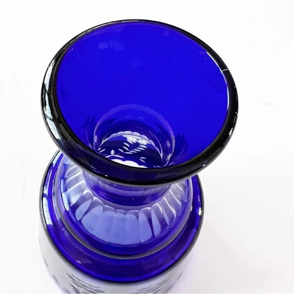 Bohemian Glass Cobalt Blue Cut to Clear Crystal Water Decanter Flask Vase No Cup - Picture 3 of 10